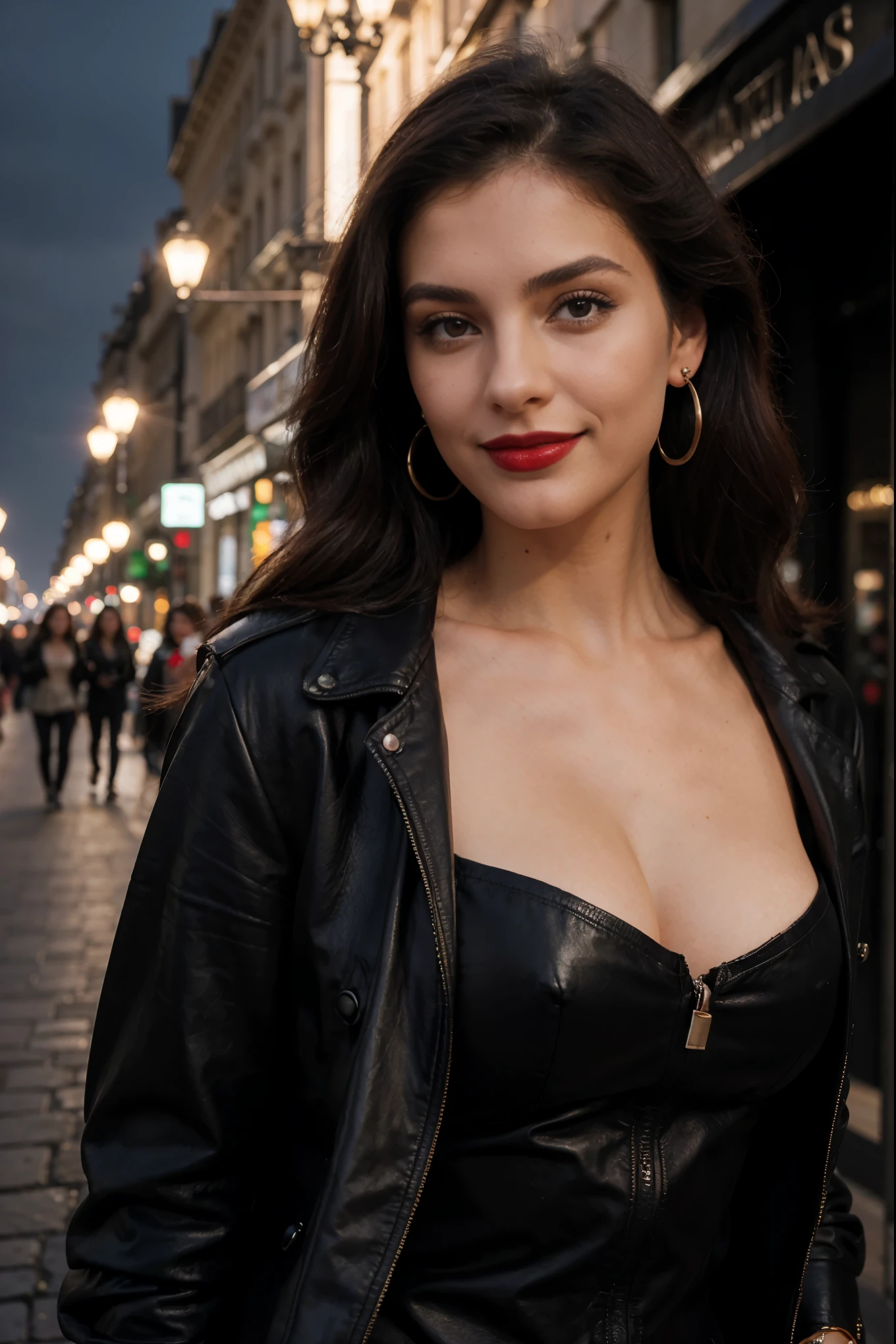 Italian girl 25 years old, beautiful, wonderful, walk in the center of Paris, 1 girl, real, very high resolution, 16k, black leather jacket, luxury, Champs-Élysées, pearl earrings, elegant, red lipstick, light smile, night, beautiful model