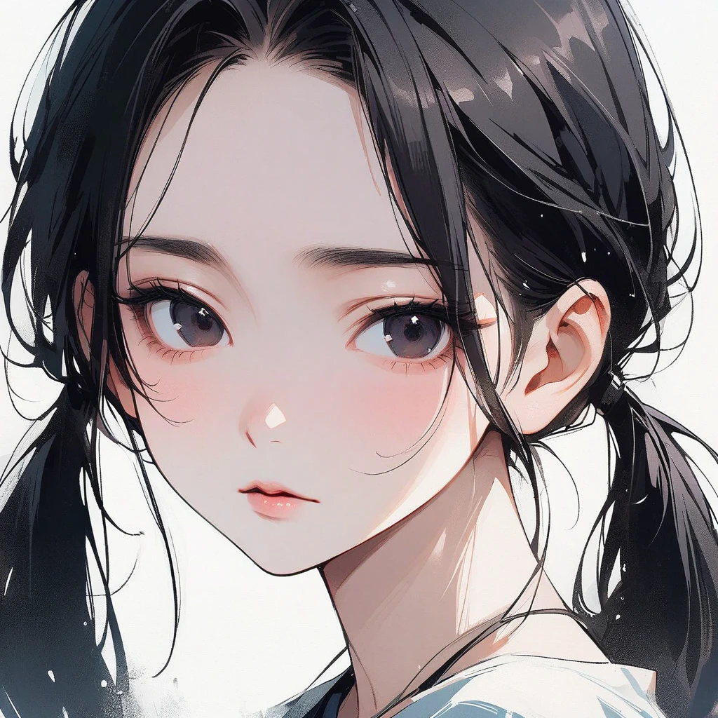 Pigtails, thin, pale, Pure, simple, White background, close-up of the face, black hair, black eyes, straight hair, Asian eyes, slanted eyes, Small eyes, narrow eyes, Chinese eyes, large forehead, delicate, woman, adult
