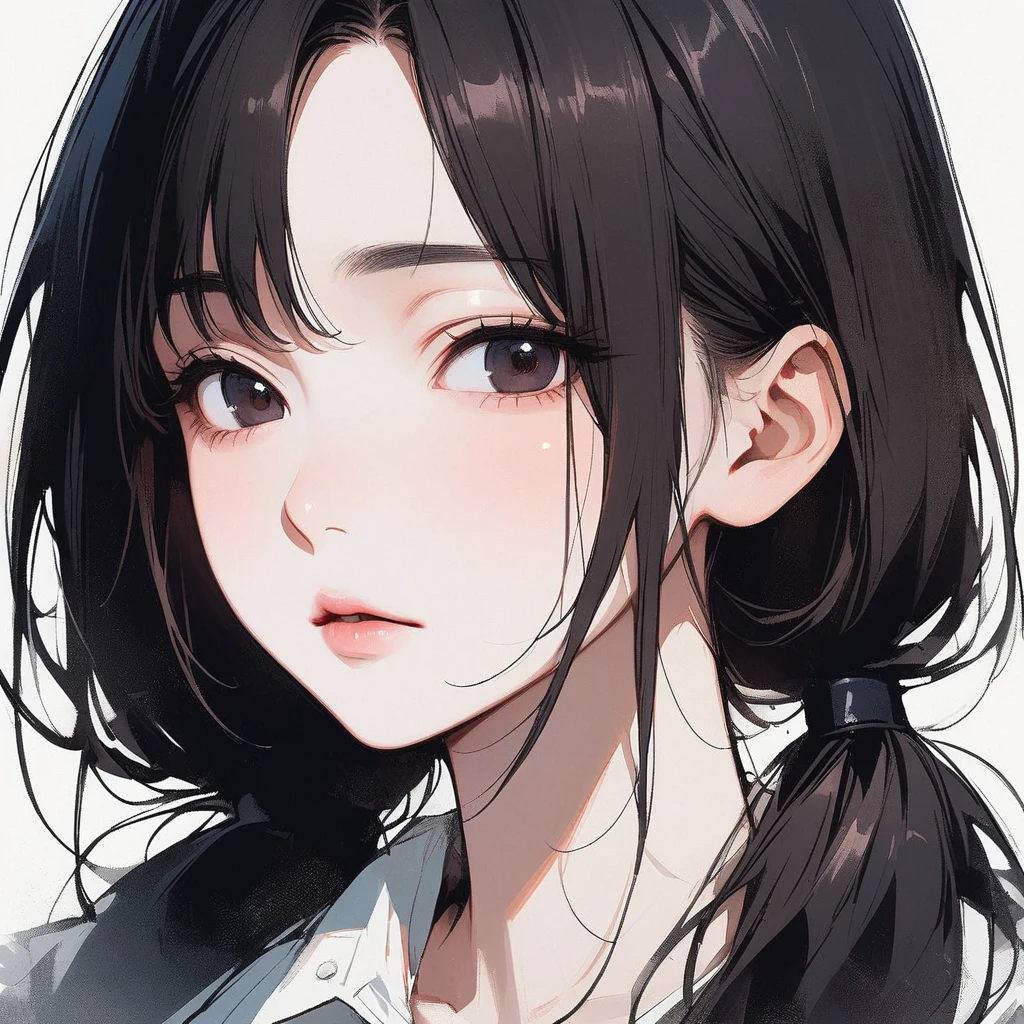 Pigtails, thin, pale, Pure, simple, White background, close-up of the face, black hair, black eyes, straight hair, Asian eyes, slanted eyes, Small eyes, narrow eyes, Chinese eyes, large forehead, delicate, woman, adult