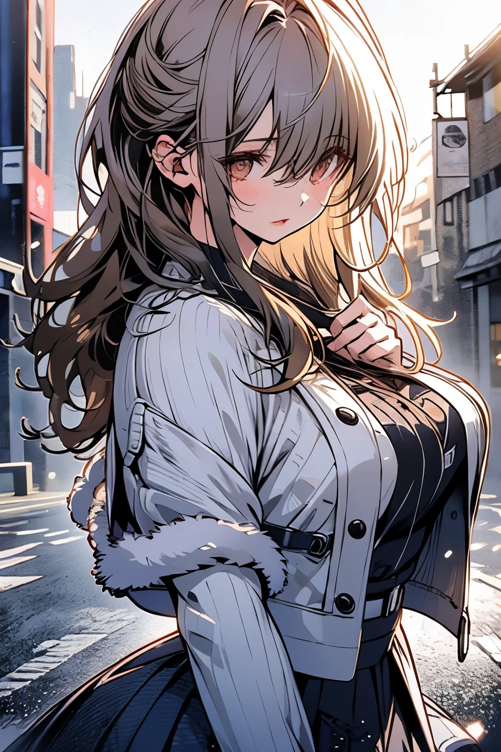 Original photo, best quality, full body photo), (Realistic, photo fidelity: 1.3), (Extremely delicate and beautiful: 1.1) 1 woman chiseled physique and wide hips, leggings, pleated skirt, sports top, high ponytail, high boots, long fur jacket, on a hazy moonlit night in a ghost town, monochrome style, line art, detailed face, detailed eye's, detailed lips, wide hips