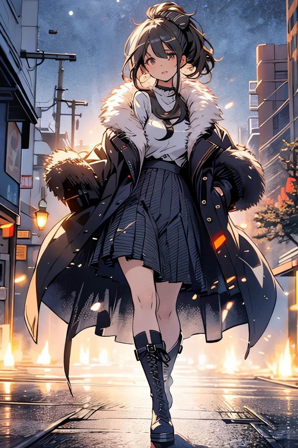 Original photo, best quality, full body photo), (Realistic, photo fidelity: 1.3), (Extremely delicate and beautiful: 1.1) 1 woman chiseled physique and wide hips, leggings, pleated skirt, sports top, high ponytail, high boots, long fur jacket, on a hazy moonlit night in a ghost town, monochrome style, line art, detailed face, detailed eye's, detailed lips, wide hips