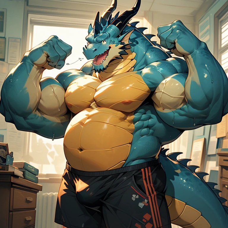 A blue muscular dragon standing in front of a dresser, flexing his muscles and showing off his bulge, wearing only black underwear. The dragon is sweating and has a determined expression on his face. The image is drawn in an anime style, with bright colors and thick outlines. He is in a school bedroom sitting on his bed with a sexy pose and admire his big and huge muscle and his big gut. Thick tongue、mouth wide open、lots of drool、thick and long tail、thick twisted corners