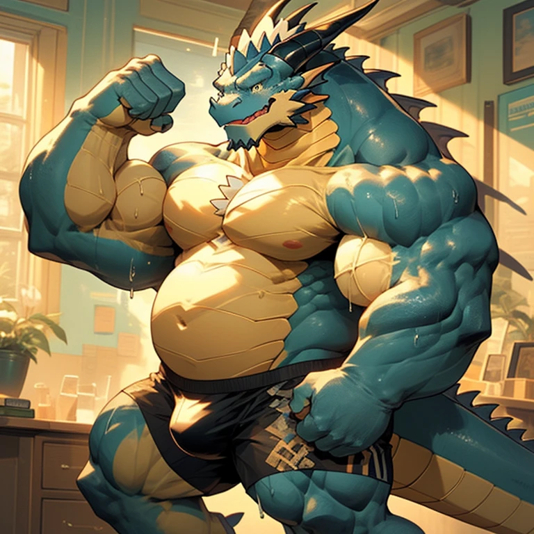 A blue muscular dragon standing in front of a dresser, flexing his muscles and showing off his bulge, wearing only black underwear. The dragon is sweating and has a determined expression on his face. The image is drawn in an anime style, with bright colors and thick outlines. He is in a school bedroom sitting on his bed with a sexy pose and admire his big and huge muscle and his big gut. Thick tongue、mouth wide open、lots of drool、thick and long tail、thick twisted corners