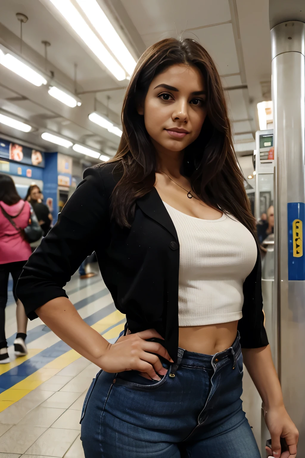 Mujer de pechos grandes en el metro