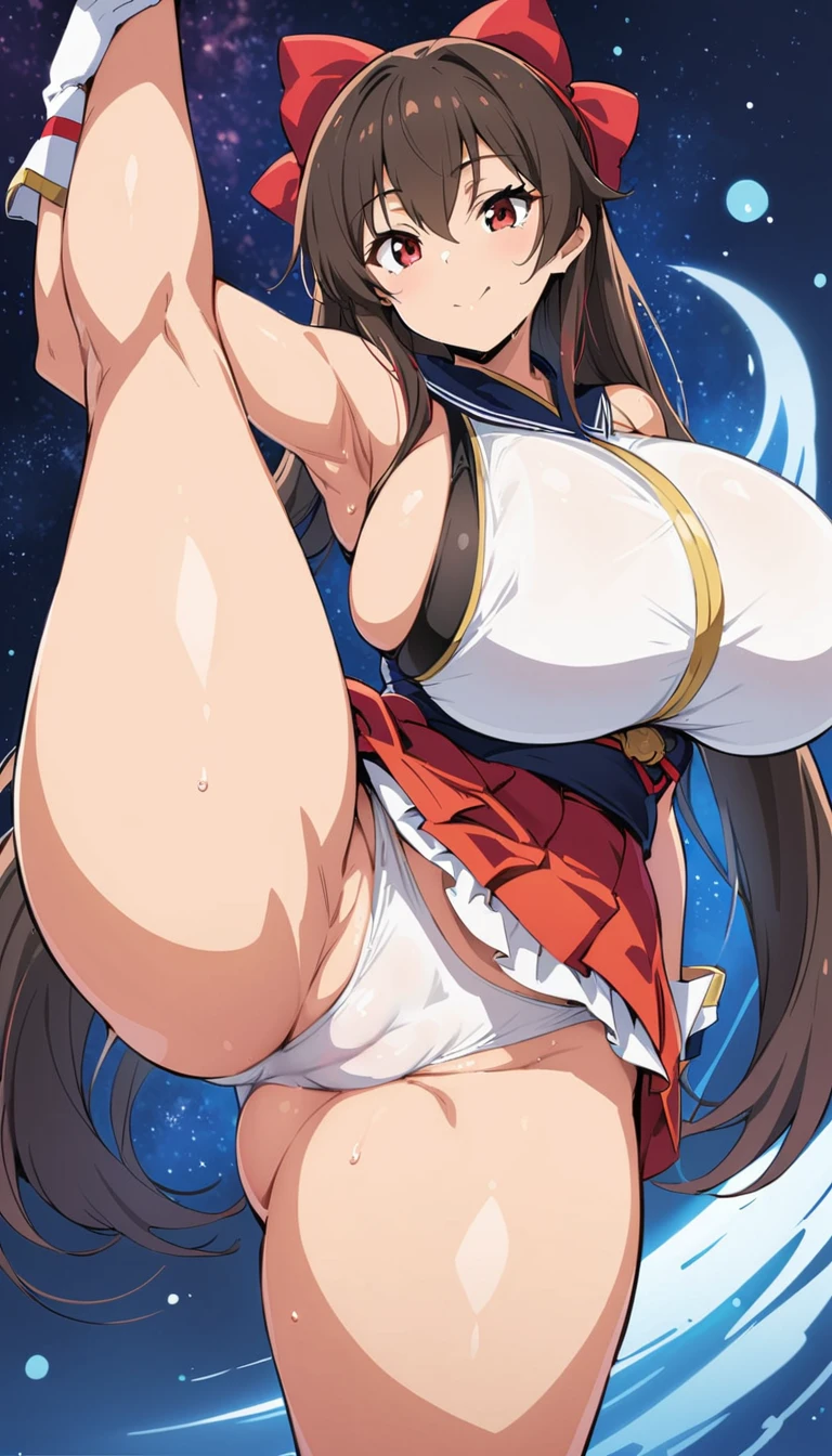 (Standing Split, ultra huge breasts, cameltoe, ), (in Kyoto animation style:1.2, ), (space ship background), (masterpiece, best quality, ultra detailed), (( nishizumi, )), 