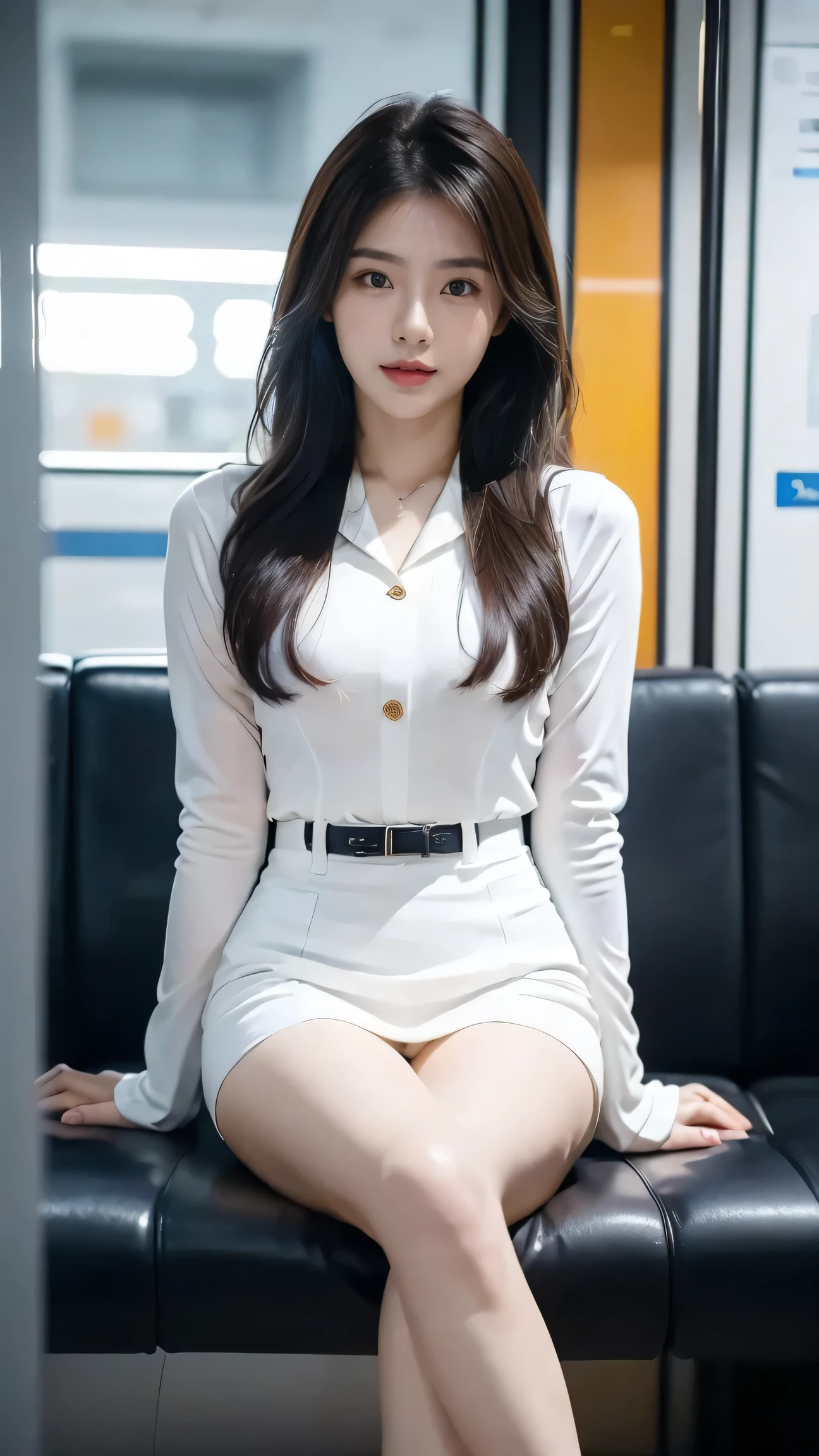 araffed asian woman wearing a mask sitting on a subway, korean girl, anime girl in real life, ulzzang, smooth white tight clothes suit, intriguing outfit, trending at cgstation, dressed with long fluent clothes, a hyperrealistic schoolgirl, gorgeous young korean woman, wearing tight simple clothes, hyperrealistic schoolgirl, cruel korean goth girl