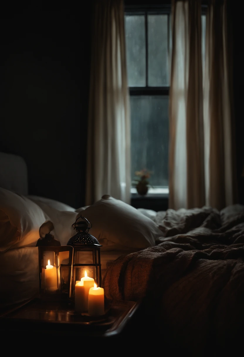 Bed in dark room one candle window curtain rainy night peace blanket cold whether 