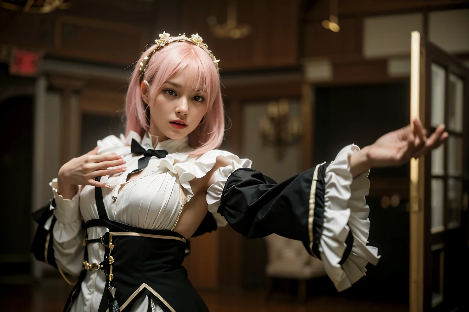 (Best quality, 8k, 32k, Masterpiece, UHD:1.2) "Transform the image's setting to the Roswaal Mansion from Re:Zero. Make it exude luxury and sophistication with sprawling grounds, elegant architecture, and opulent interiors. Capture the grandeur of the mansion, including its towering spires, fortified walls, and lavish ballrooms. Ensure the scene reflects the wealth and status of its owner, Roswaal L Mathers. Capture the eclectic mix of colorful bustling about, each with their own unique quirks and personalities. Incorporate the whimsical yet eerie atmosphere of the hotel, with flickering lights and mysterious shadows adding to the sense of intrigue. Infuse the scene with the larger-than-life energy of the denizens of Hell as they navigate the twisted corridors and dark secrets of the Roswaal Mansion. ((No crowds)) or people in the background."