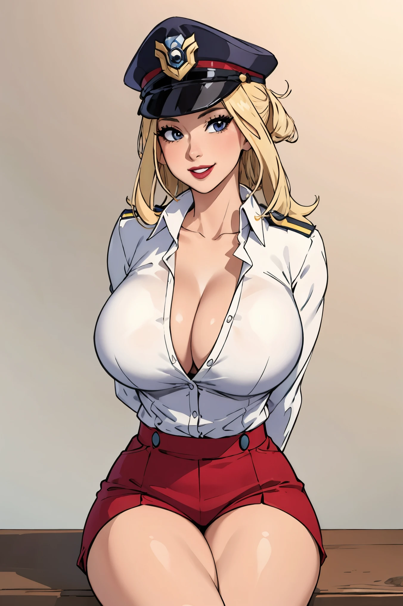 Jenny-pokemon, goregous police woman, sitting, perfect legs, ((arms behind back)), unbutton shirt, busty, colossal cleavage, lipstick, smiling, police cap, ((plain background:1.3))