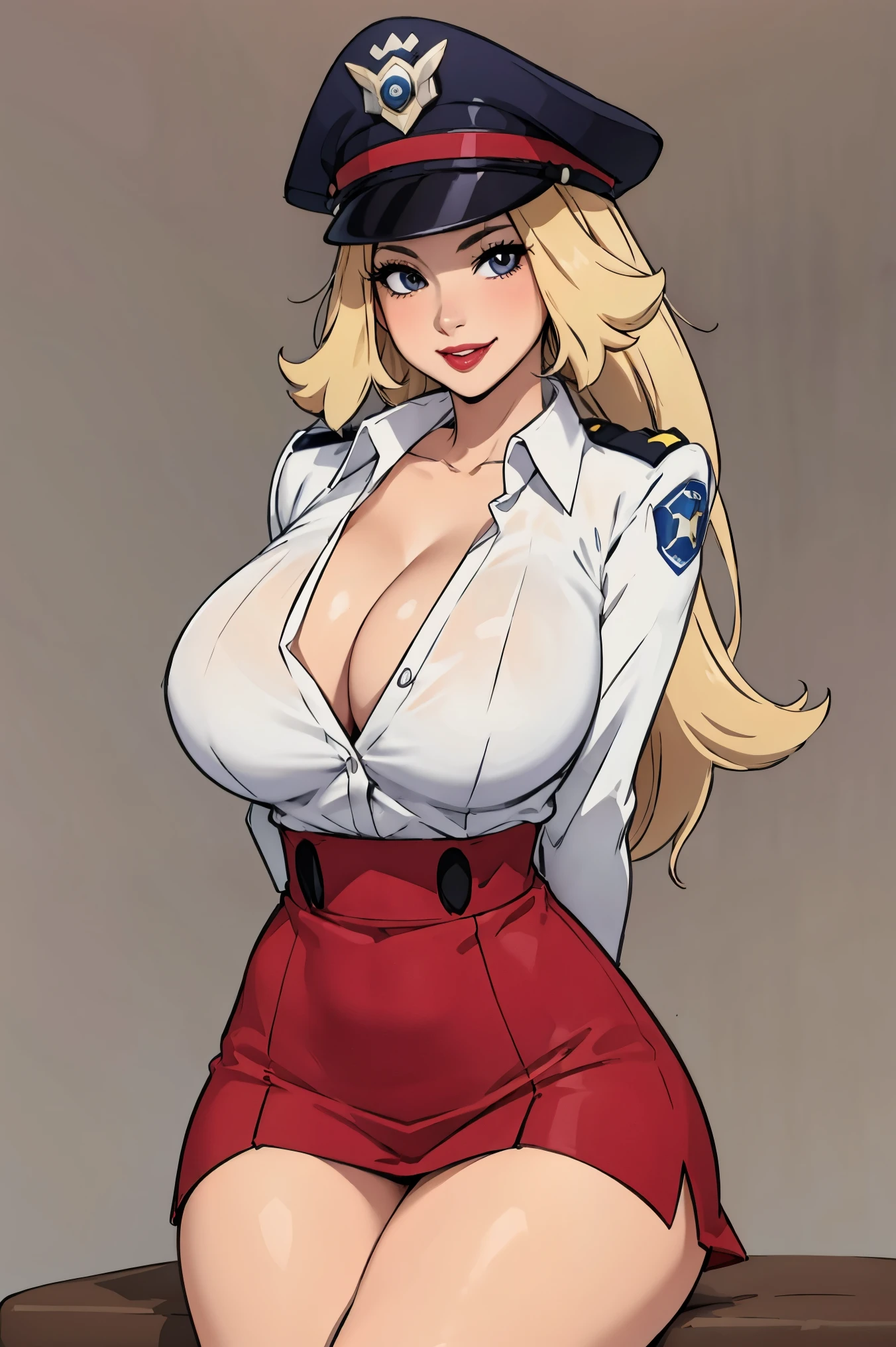 Jenny-pokemon, goregous police woman, sitting, perfect legs, ((arms behind back)), unbutton shirt, busty, colossal cleavage, lipstick, smiling, police cap, ((plain background:1.3))