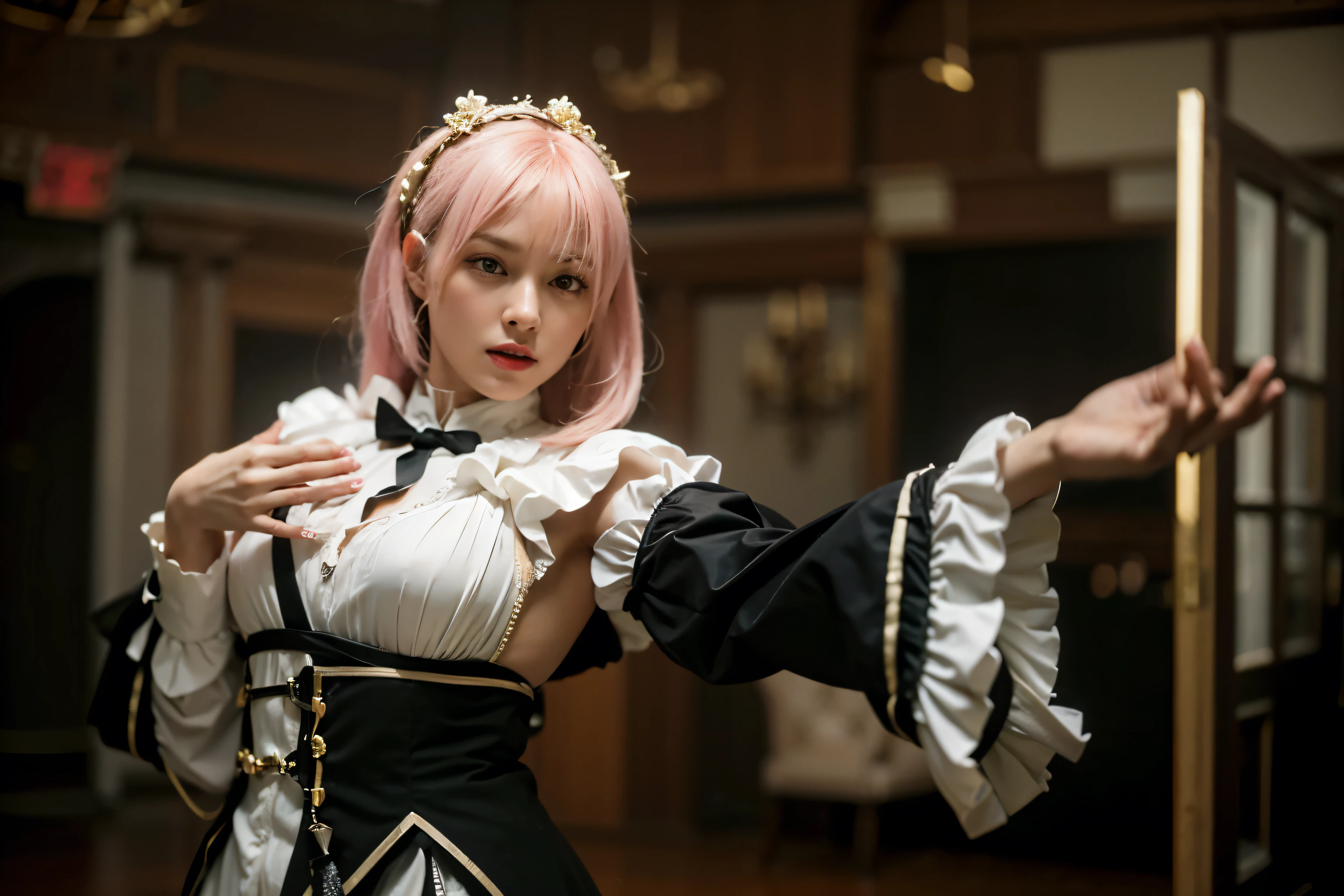 (Best quality, 8k, 32k, Masterpiece, UHD:1.2) "Transform the image's setting to the Roswaal Mansion from Re:Zero. Make it exude luxury and sophistication with sprawling grounds, elegant architecture, and opulent interiors. Capture the grandeur of the mansion, including its towering spires, fortified walls, and lavish ballrooms. Ensure the scene reflects the wealth and status of its owner, Roswaal L Mathers. Capture the eclectic mix of colorful bustling about, each with their own unique quirks and personalities. Incorporate the whimsical yet eerie atmosphere of the hotel, with flickering lights and mysterious shadows adding to the sense of intrigue. Infuse the scene with the larger-than-life energy of the denizens of Hell as they navigate the twisted corridors and dark secrets of the Roswaal Mansion. ((No crowds)) or people in the background."