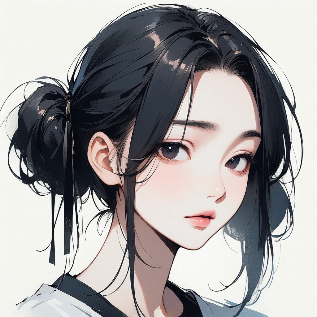 Pigtails, thin, pale, Pure, simple, White background, close-up of the face, black hair, black eyes, straight hair, Asian eyes, slanted eyes, Small eyes, narrow eyes, Chinese eyes, large forehead, delicate, woman, adult, mature, (small eyes)