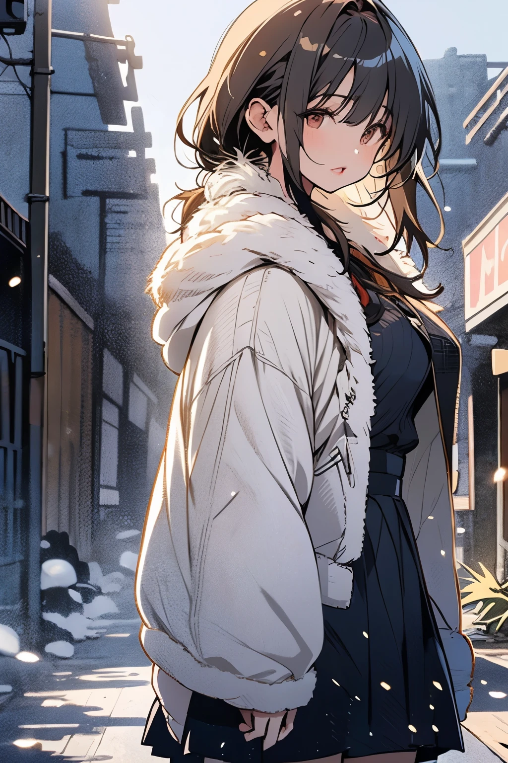 Original photo, best quality, full body photo), (Realistic, photo fidelity: 1.3), (Extremely delicate and beautiful: 1.1) 1 woman chiseled physique and wide hips, leggings, pleated skirt, sports top, high ponytail, high boots, long fur jacket, on a hazy moonlit night in a ghost town, monochrome style, line art, detailed face, detailed eye's, detailed lips, wide hips