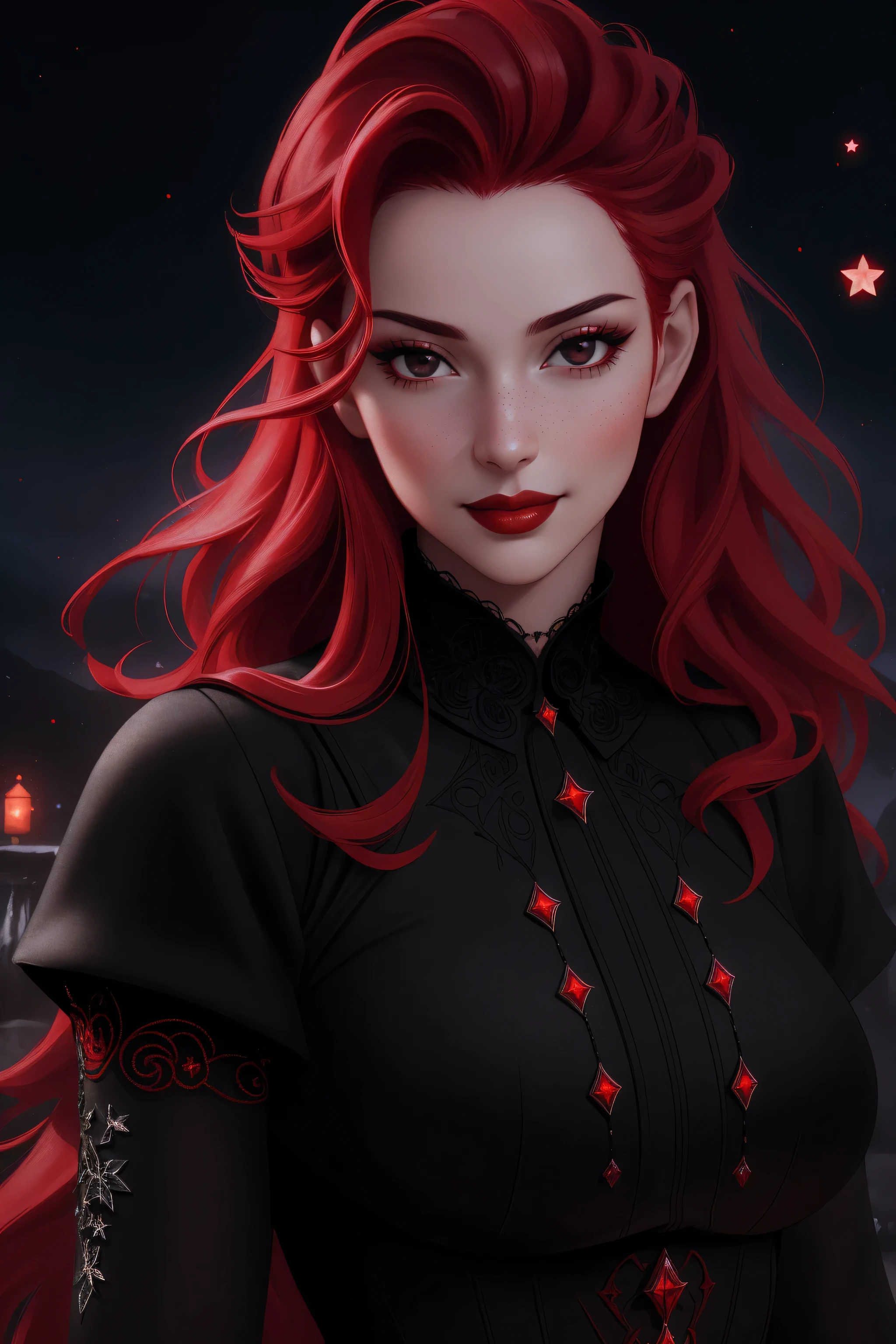 (Masterpiece - Ultra-Detailed, High Resolution)  ((vivid red hair)), mature woman, 30 years old, diamond face, red starry sky background, depth of field, magic, big red lips, ((dark and black eyes)) black and red long and full dress, covered chest, mystical atmosphere, ominous shadows, Intense blue aura, Intense red aura (best quality:1.2), absurdres, intricate details, (highly detailed skin:1.2), smile expression, posing, taut and well defined body, attractive. Highly realistic, white skin, beautiful, hyperrealism, skin very elaborated, direct gaze.