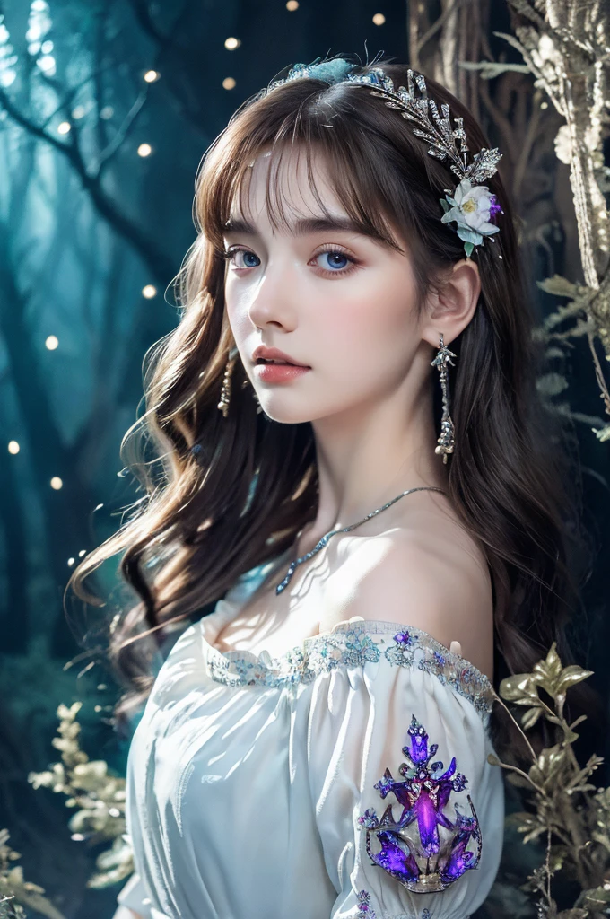 ( masterpiece, top quality, best quality,8k, girl,ultra detailed,raw photo:1.5),(photorealistic:1.4),(cinematic lighting), PerfectNwsjMajic, , Surrealism, UHD, ccurate, Super detail, textured skin, High detail, Best quality, dynamic angle, (high nose,White skin),[Beautiful blue eyes],[flat chest:large breasts:0.5],(1girl),(good anatomy:0.5)), of a woman in a dress with a Magic , ((a beautiful fantasy empress)), beautiful fantasy maiden, Dreamy atmosphere,mystical ambiance, Artistic interpretation,a whimsical illustration, Subtle colors and tones, mystical aura,portrait, bangs pinned back