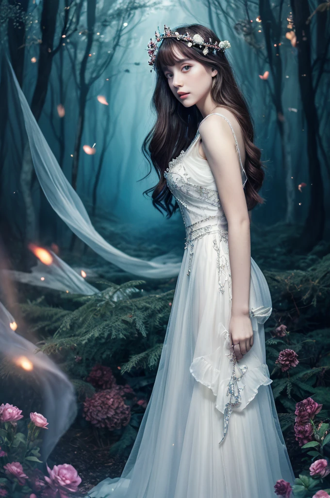 Hauntingly beautiful scene: Iris Van Herpen's designs unfold like delicate flowers amidst a misty forest. Octane rendering yields a smooth, ethereal quality. Artistic influences blend as Gustav Klimt-inspired gold accents meet Nixeu and Ian Sprigger's mystical ambiance. Wlop and Krenz Cushark's dreamlike essence seeps into the atmosphere. A model's figure is enveloped in transparent lace, like a ghostly apparition. Framing: soft focus, atmospheric lighting, and a subtle gradient of greens and blues evoke an otherworldly sense of mystery.