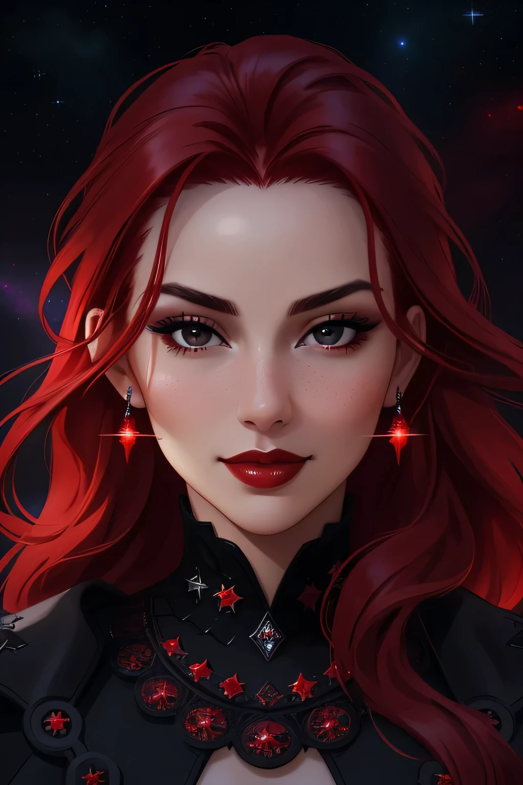 face close up, portrait shot, ((vivid red hair)), mature woman, 30 years old, diamond face, red starry sky background, depth of field, magic, big red lips, ((dark and black eyes)) black and red long and full dress, covered chest, mystical atmosphere, ominous shadows, Intense blue aura, Intense red aura (best quality:1.2), absurdres, intricate details, (highly detailed skin:1.2), smile expression, posing, taut and well defined body, attractive. Highly realistic, white skin, beautiful, hyperrealism, skin very elaborated, direct gaze,
