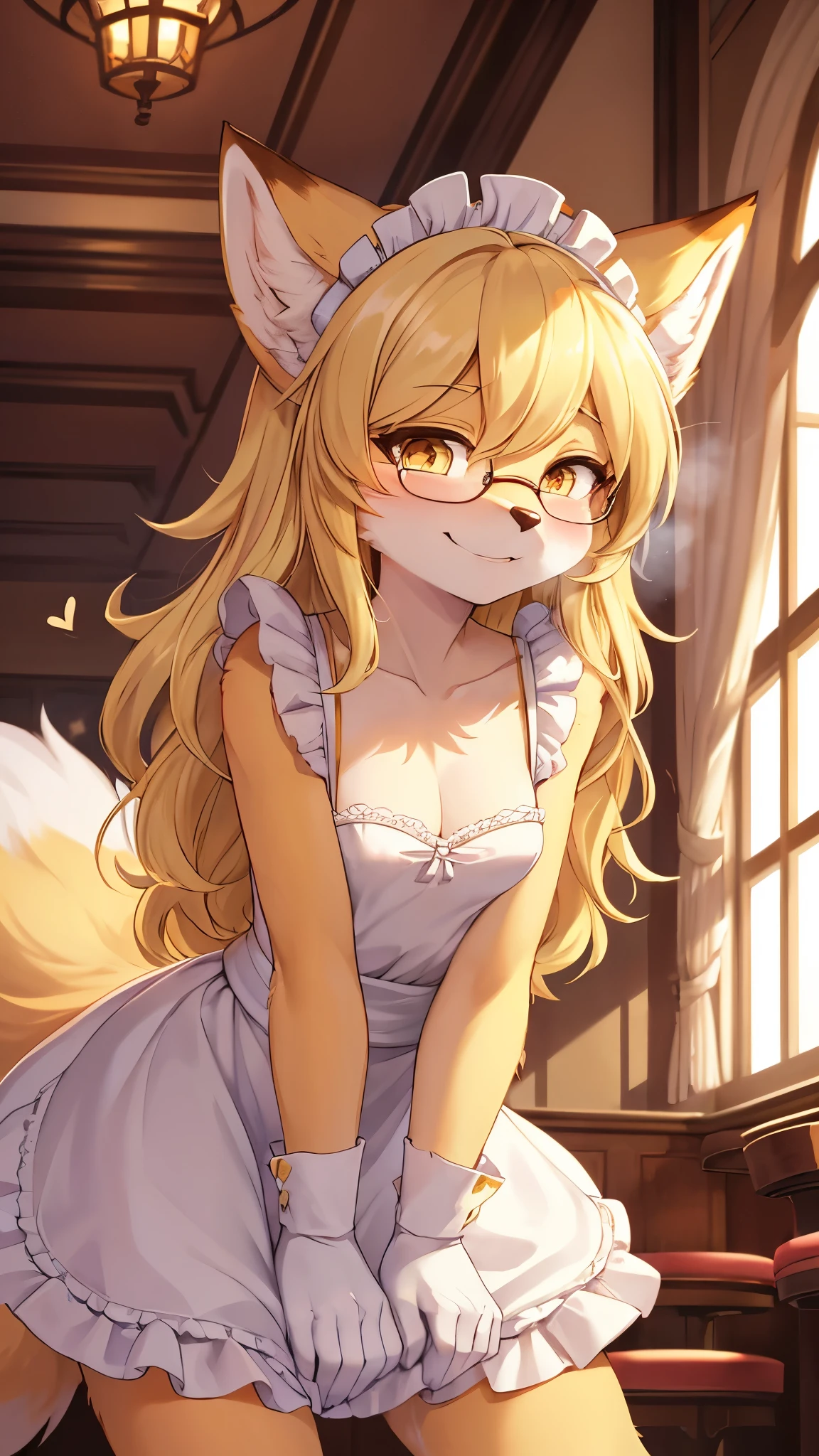 (fluffy anthro furry :1.3),fox girl,medium breasts,gold long hair,wavy hair,glasses,white cute dress with ribbon,sleeveless,floral hair ornament,gold bracelet,round collar,beautiful flower shop,gold sunlight,looking at viewer,shy face,smile