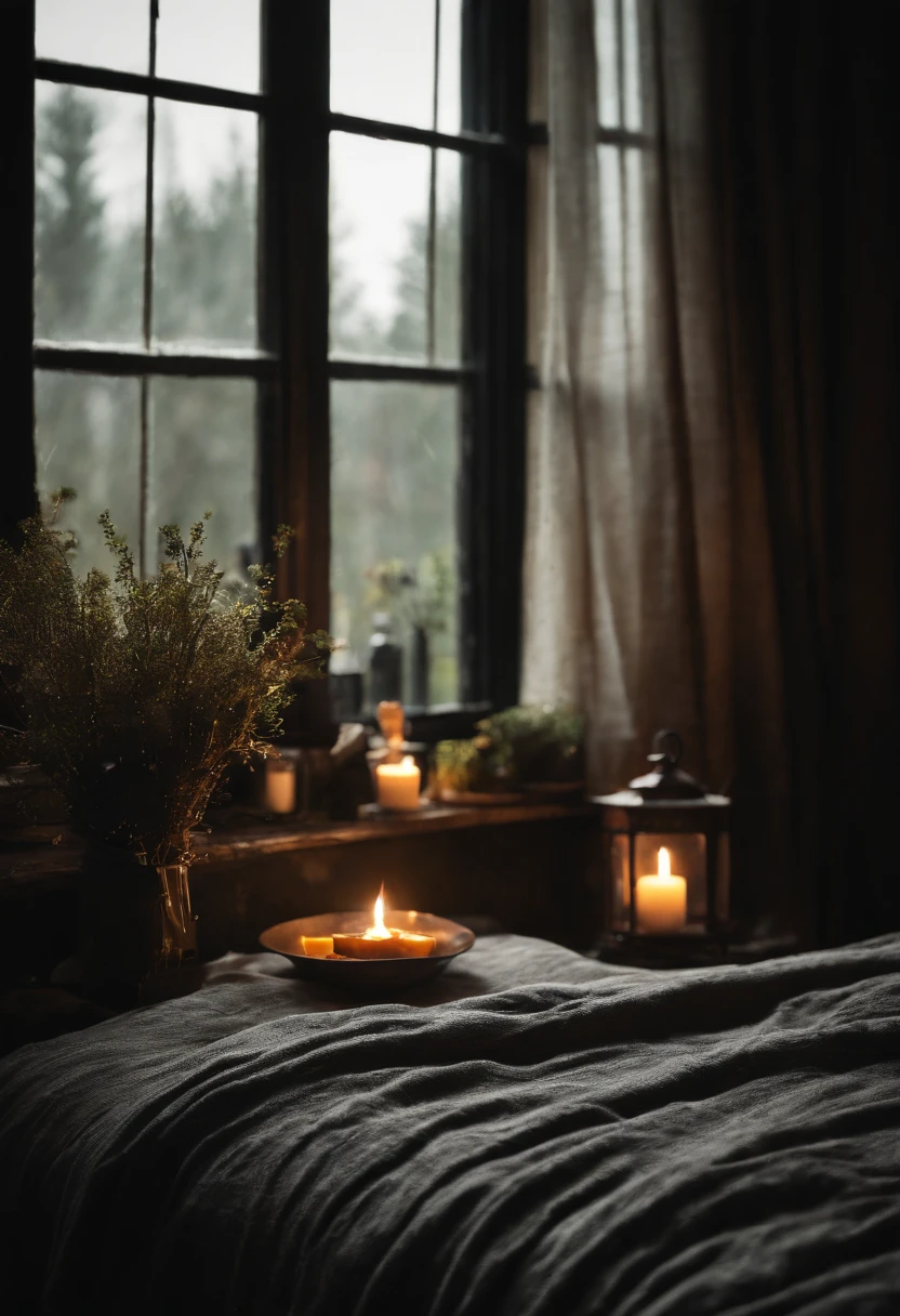 Bed in dark room fireplace window curtain rainy night peace blanket cold whether 