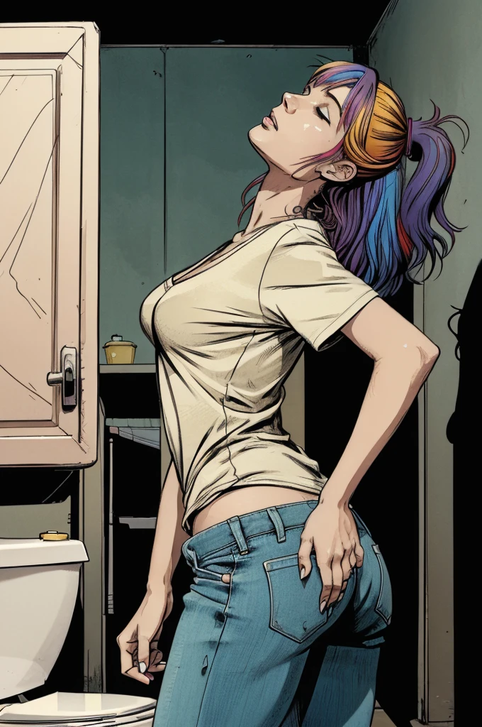 vector image, 2d cartoon,masterpiece, An anime woman, colored hair, fuck herself, simulates intercourse:1.2, gloomy ecstasy, sweat, masturbate, touch herself in sensual places, public cramped toilet stall, jeans, t-shirt, from side view