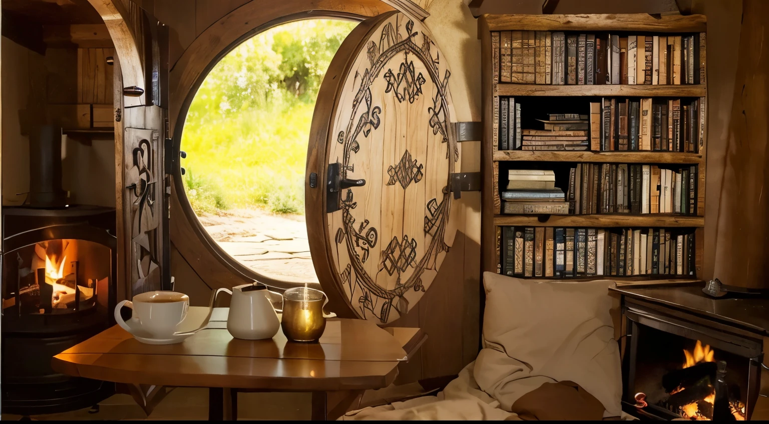 a cozy hobbit hideout, a large hoobit rounded door, a table with cup, coffee can a candle, a cozy bed, two side fireplaces, a bookshelf, a pretty celtic woodwork