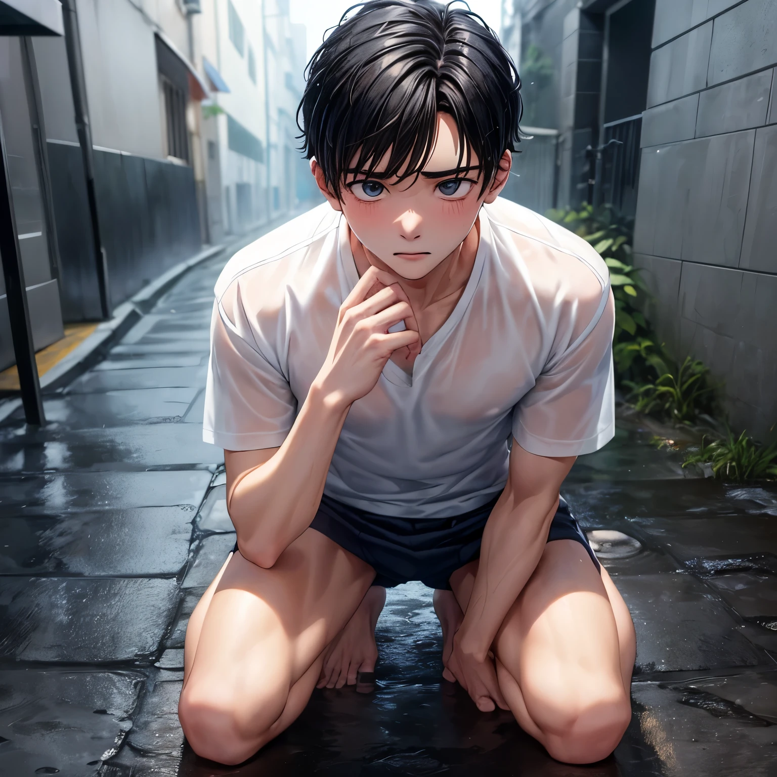 Boy in rain-soaked school clothes kneeling on the street. Face embarrassed by humiliation. Camisa branca molhada transparente grupada no corpo mostrando  seus ((mamilos masculinos)). Dark Alley Scenario (deserto) com chuva molhado o garoto. Alta qualidade de imagem. ((Mamilos do garoto aparecendo por baixo da camisa branca molhada transparente grudada no corpo))