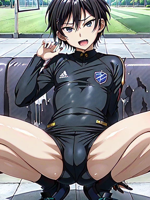 (((Official Art,Ultra-thin illustration,High resolution, Pieces fly, 最high quality,最high quality,)))high quality, detailed, (),12 years o))、 A very cute young ace striker male idol,A boy as beautiful as Planding, Smiling cool handsome face, soccer spike, Long legs, Thighs, Footz, No bulge, (Black Hair、short hair)、Shiny Hair, (Tight and shiny random color soccer uniform suit), (Tight and shiny soccer shorts), (Soccer socks), Grass area, Cool pose, (厚いThighs、Big ass tempting you)、(((Soccer field in the park)))、((Saucy、))、Grin、Spread your legs,Ultra-fine painting, (最high quality, In 4K, 8k, High resolution, Pieces fly:1.2),Service shot、((detailedな目:1.2))、Show off your big butt、proud butt、