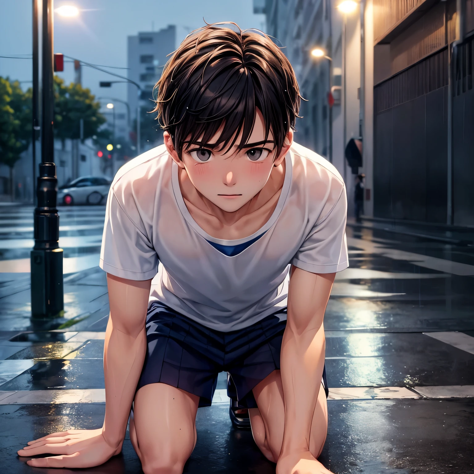 Boy in rain-soaked school clothes kneeling on the street. Face embarrassed by humiliation. Camisa branca molhada transparente grupada no corpo mostrando  seus ((mamilos masculinos)). night scenery (rua deserta) com chuva molhado o garoto, pole lighting. Alta qualidade de imagem. Mamilos do garoto aparecendo por baixo da camisa molhada.