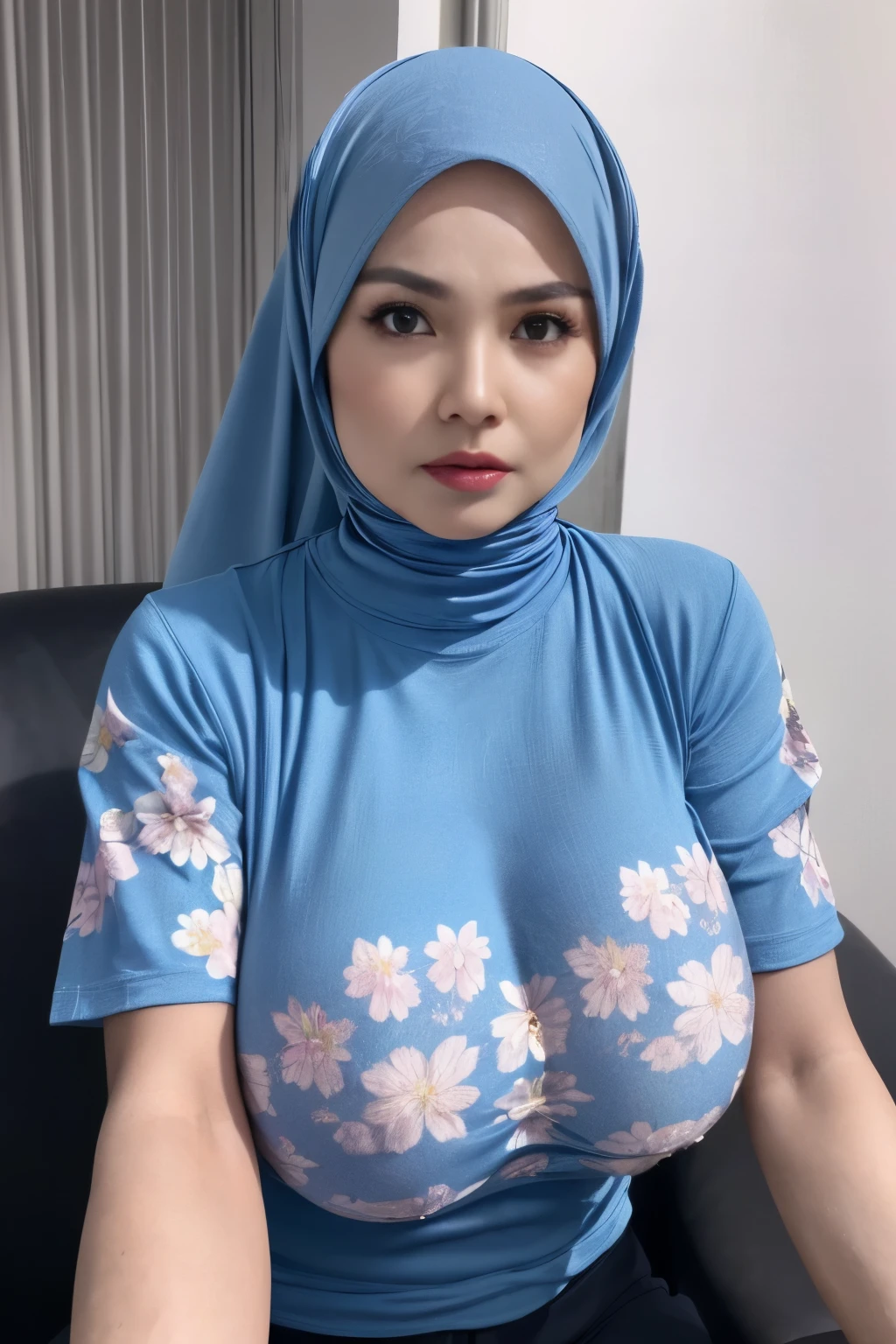 (((angry face reaction))) Straddling ((SHORT HIJAB)), ((huge tits:1.6)), (dynamic photograph of a 58 year old Indonesian woman), (slim top, cotton panties), (straight non curly hair), (highly detailed face:1.4), (vascular muscles and abs:1.3), (background inside light, bright, private gym:1.1), (8k, uhd, dslr, high quality, cinematic lighting, bokeh), (dramatic, award winning photography, incredible masterpiece:1.3), (((sexy sultry stare at camera:0.8))), ((she is ready to dominate you:0.5)), ((beautiful feminine face)), add_detail:1, (((wearing huge blue t-shirt floral pattern))), floral pattern 