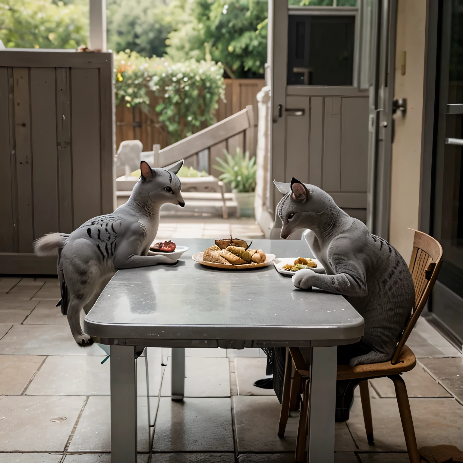 a gray dove is eating on a table, at the same time a cat is eating next to it with no one around