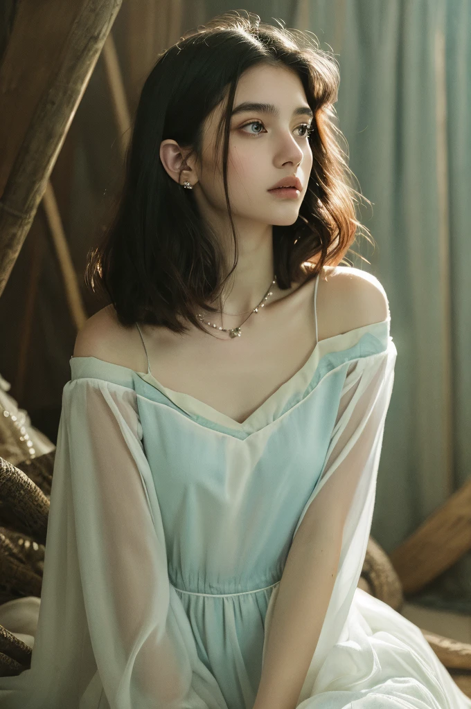 ( masterpiece, top quality, best quality,8k, girl,ultra detailed,raw photo:1.5),(photorealistic:1.4), (cinematic lighting), PerfectNwsjMajic, , Surrealism, UHD, ccurate, Super detail, textured skin, High detail, Best quality, dynamic angle, White skin,[Beautiful blue eyes], high nose,[flat chest:large breasts:0.5],(1girl),(good anatomy:0.5)), Dreamy atmosphere, Dark,expressive brush strokes, mystical ambiance, Artistic interpretation, Stunning Studio Ghibli style costumes, a whimsical illustration, Subtle colors and tones, mystical aura, jewelry ,sparkling,loose hair , white outfit 