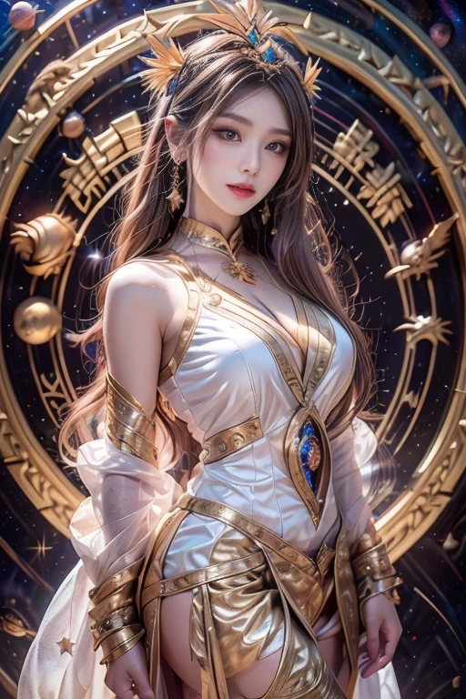 One Zodiac Goddess from the Future, Zodiac goddess wearing ao dai to hide her chest, The Zodiac Goddess wears a bright yellow gold vest, 女神は明るいピンク紫色のconstellationのオーラを放っている, 星は12constellationの形をしています, Zodiac goddess wearing a golden zodiac ao dai with many black details, 未来から来た12constellationの神話の女神, constellation ♏, Zodiac Style, Dark and mysterious version, Plump , Red lips are well-balanced and very beautiful, Characters by Karol Baque and Pino Daeni, Intricate details, Detailed Background, Many objects in the background, Very detailed, Magic lighting, woman, A clearly drawn face, Beautiful face and symmetrical eyes, Big round eyes and very beautiful and detailed makeup, far focus, Silk garments, Mysterious decoration, Upper body portrait, Arms loosen, Realistic and vivid photos, (The stars that make up the zodiac: 1.7), (Fantastic portal of space and time with zodiac signs sky background: 1.8 ), Fiction Art, RAW images, style fantasy hanfu, Long sleeves that cover both hands, Two outstretched arms,