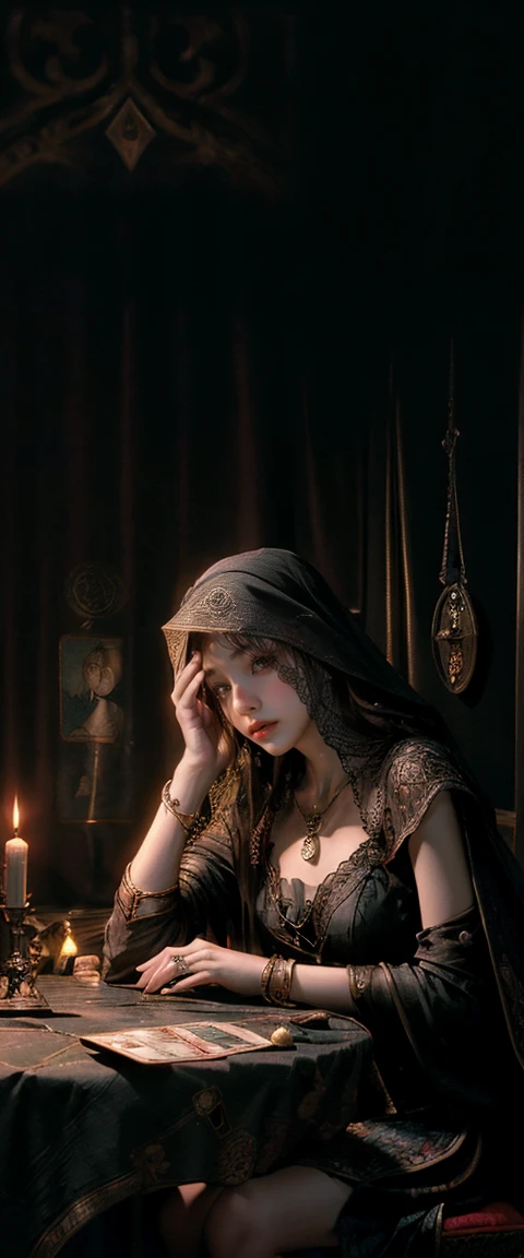 ((masterpiece, best quality, Highest image quality, high resolution, Reality, original photo, 8k)), Tarot, tolkien, Middle-earth, ((Tarot cards on the table:1.5)), (Fortune teller with face covered by veil:1.5), 8k, Very detailed, Surrealism, Movie Lighting, Ambient Lighting, Bridget, as a fortune teller, earring, Necklace, necklace, jewelry, ring, Dark lipstick, Dark Makeup, a roundabout, Sit in the back! one张桌子, one! Fortune teller celestial body on the table, one! skull on table, Candle, 在one个黑暗的中世纪小房间里, 