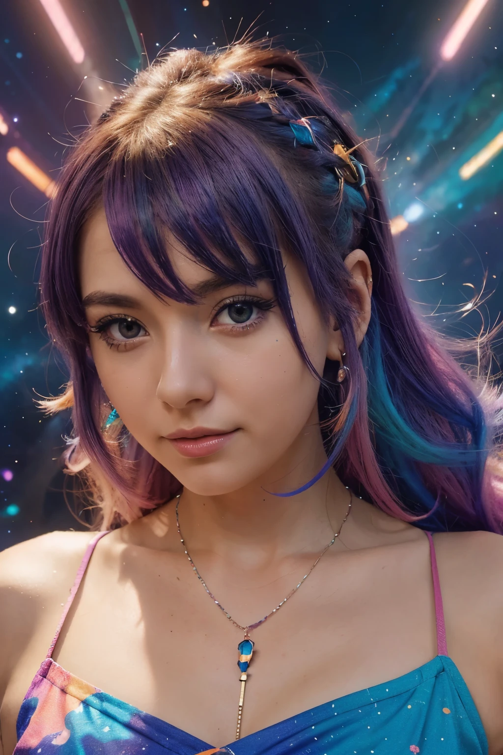 Close-up of a woman with colorful hair and necklace, anime girl with space hair, Ross paints a soft vibration, Work in Guviza style, fantasy art style, colorful], bright fantasy style, Ross draws a cartoon full of vitality, cosmic and colorful, Gouvez, colorful digital fantasy art, amazing art style, beautiful anime style, glowing hair