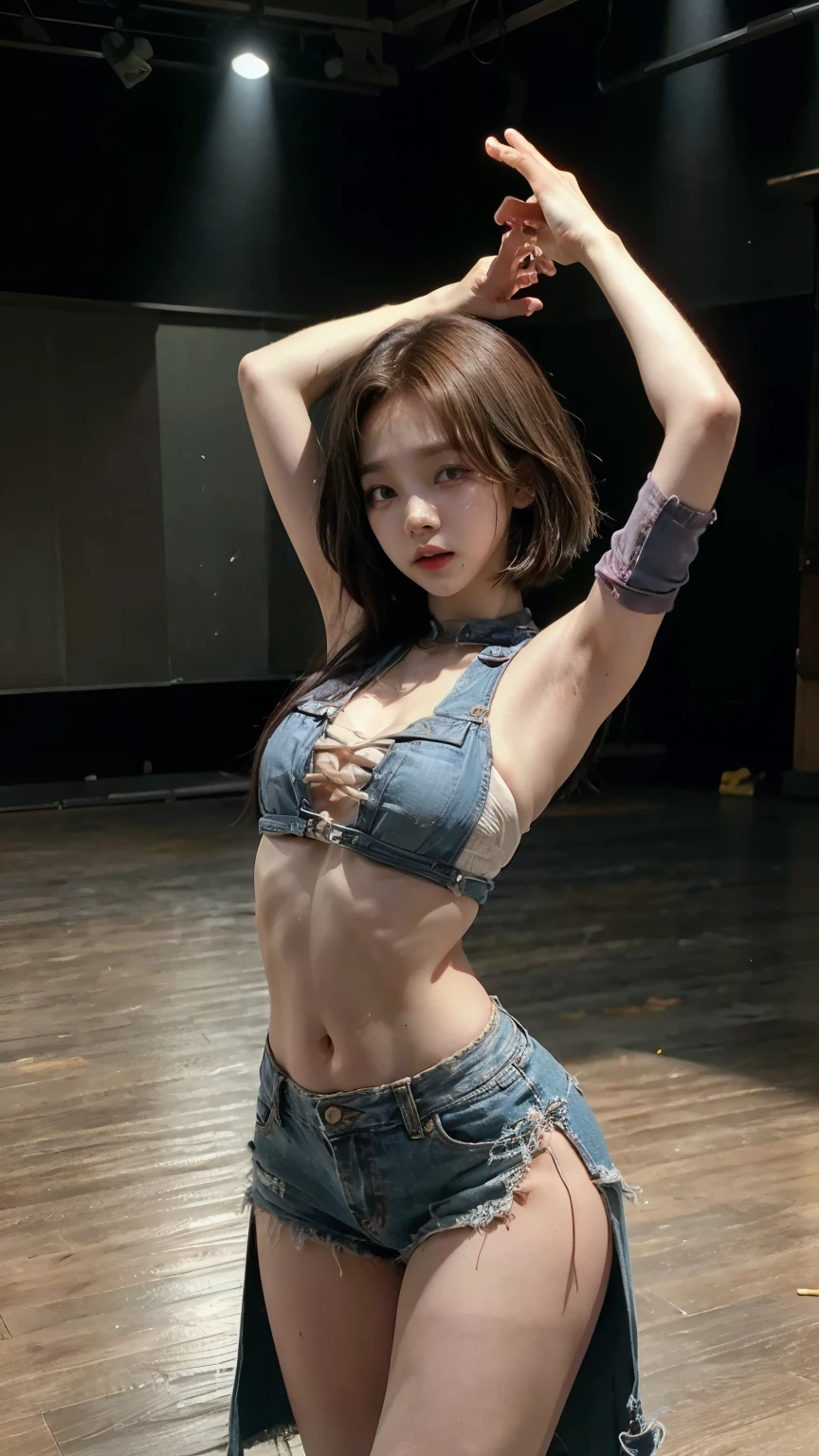 A 20-year-old Korean woman dancing in a dimly lit dance studio that looks like an abandoned building,Sweating,Sweat flying,A complete thumbs up,Bobcut,aespakarina,Painful expression,hiphop dancer,Baggy dance costumes