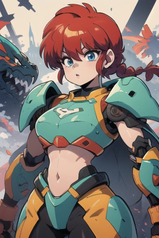 Ranmachan, cabello rojo, Cabello con trenza, ojos azules, ojos detallados, cuerpo completo, Technological armorMix, Technological Armor
