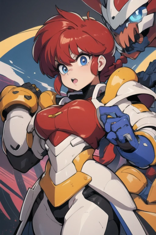 Ranmachan, cabello rojo, Cabello con trenza, ojos azules, ojos detallados, cuerpo completo, Technological armorMix, Technological Armor