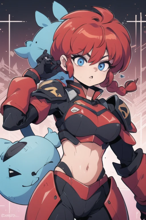 Ranmachan, cabello rojo, Cabello con trenza, ojos azules, ojos detallados, cuerpo completo, Technological armorMix, Technological Armor, ombligo, ombligo descubierto, abdomen plano