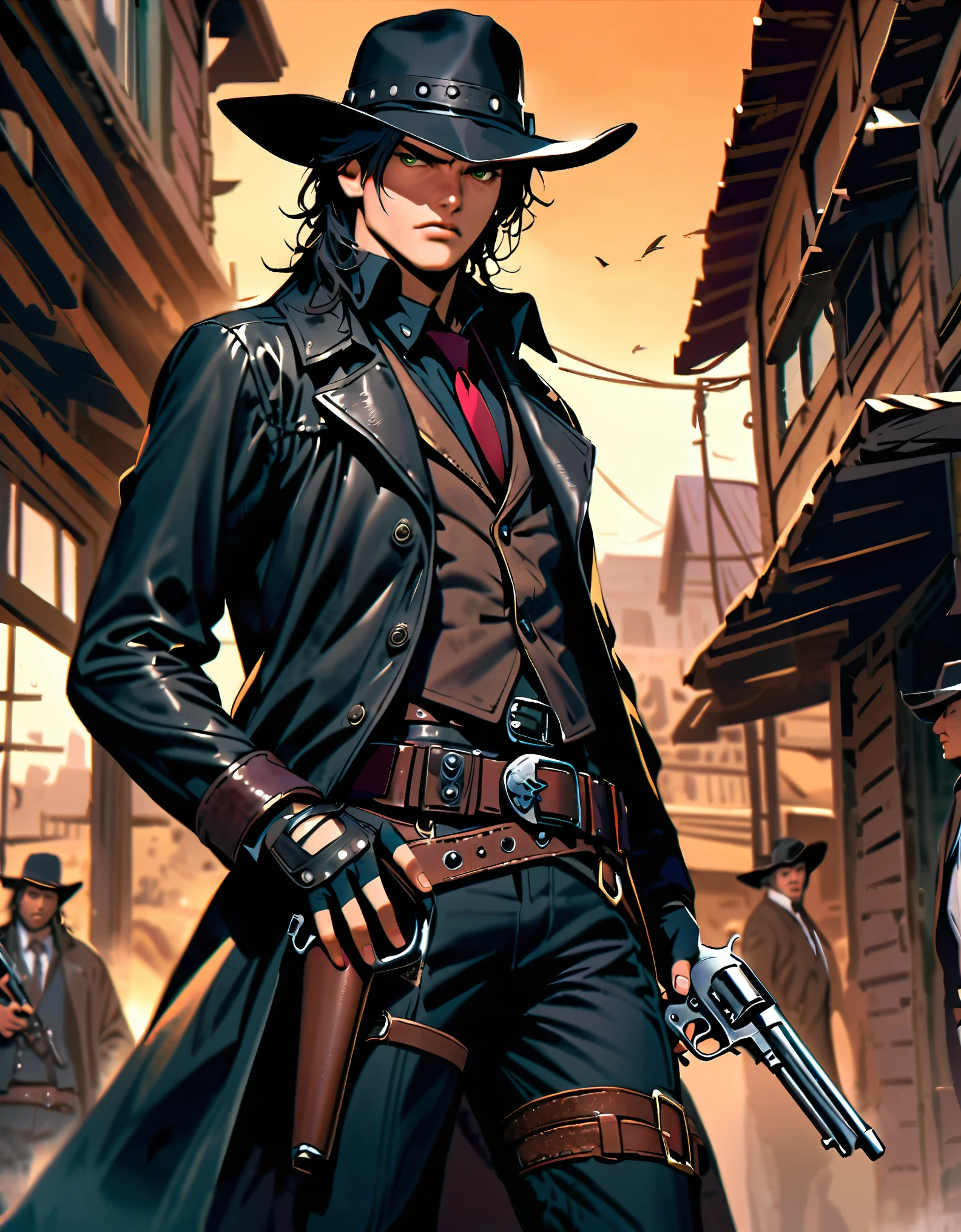 semi-realistic, solo, solo focus, ung black-haired man, long black vest, serious look, 1 man, green eyes, full body shot, cowboy bounty hunter on modern setting, cowboy shot, black hat, black shirt, necktie, long black coat, fingerless gloves, black pants, belt buckle, shoes, serious look, (holding gun, holding weapon, Colt revolver handgun, finger on trigger), spaghetti western atmosphere
