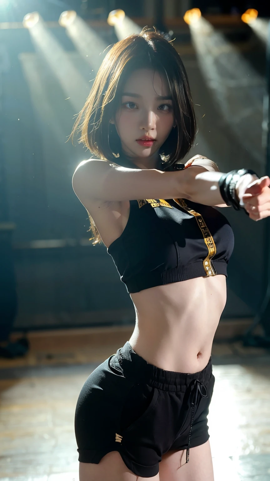 A 20-year-old Korean woman dancing in a dimly lit dance studio that looks like an abandoned building,Sweating,Sweat flying,A complete thumbs up,Bobcut,aespakarina,Painful expression,hiphop dancer,Baggy dance costumes