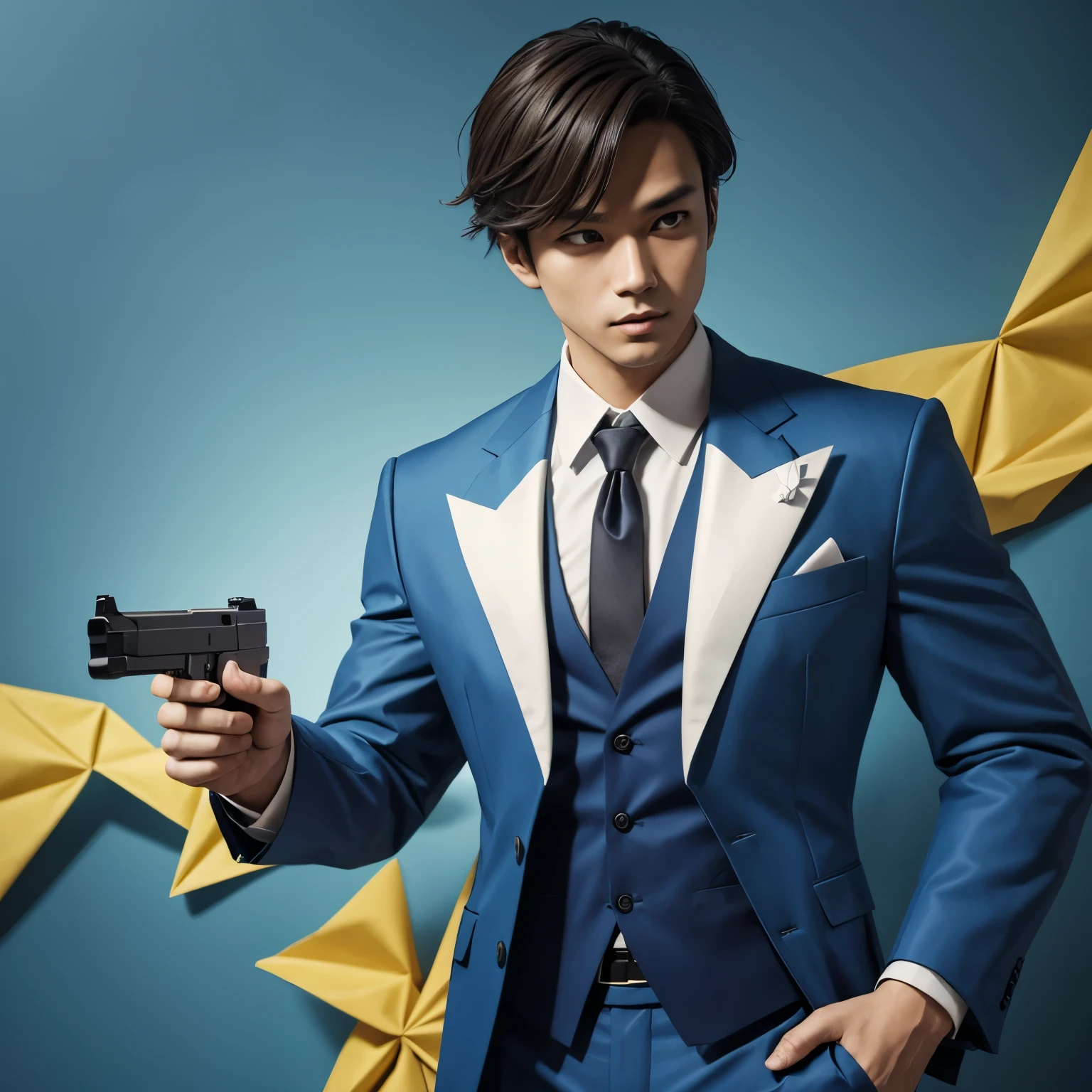 Origami paper suit, gun, origami, colored, design.