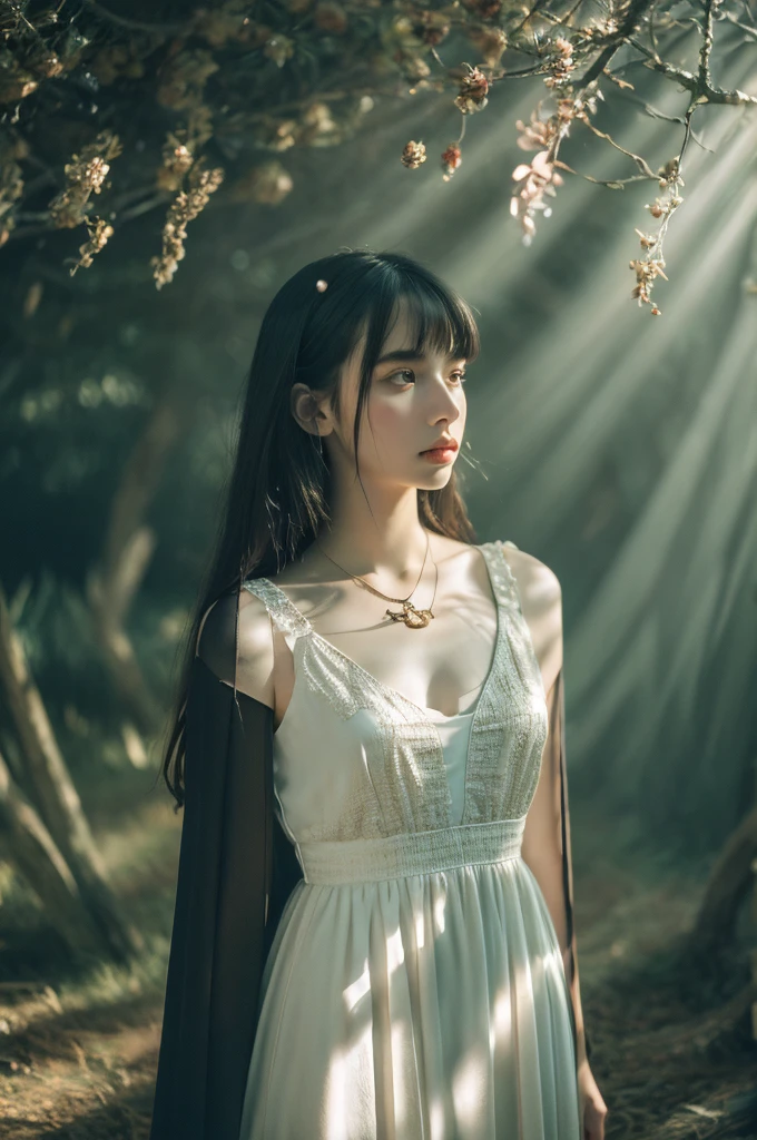 ( masterpiece, top quality, best quality,8k,17 years old girl,ultra detailed,raw photo:1.5),(photorealistic:1.4), (cinematic lighting), PerfectNwsjMajic, , Surrealism, UHD, ccurate, Super detail, textured skin, High detail, Best quality, dynamic angle, White skin,[Beautiful blue eyes], high nose,[flat chest:large breasts:0.5],(1girl),(good anatomy:0.5)), Dreamy atmosphere, Dark,expressive brush strokes, mystical ambiance, Artistic interpretation, Stunning Studio Ghibli style costumes, a whimsical illustration, Subtle colors and tones, mystical aura, jewelry ,sparkling, bangs pinned back , white outfit 