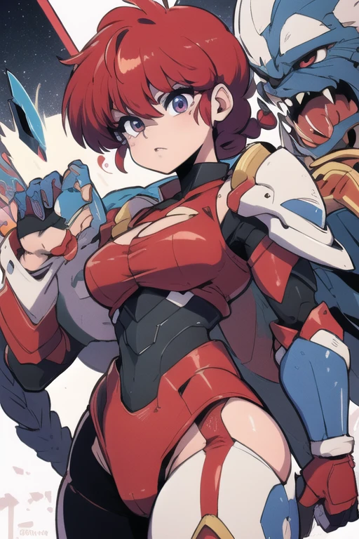 Ranmachan, cabello rojo, Cabello con trenza, ojos azules, ojos detallados, cuerpo completo, Technological armorMix, Technological Armor