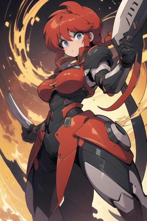 Ranmachan, cabello rojo, Cabello con trenza, ojos azules, ojos detallados, cuerpo completo, Technological armorMix, Technological Armor