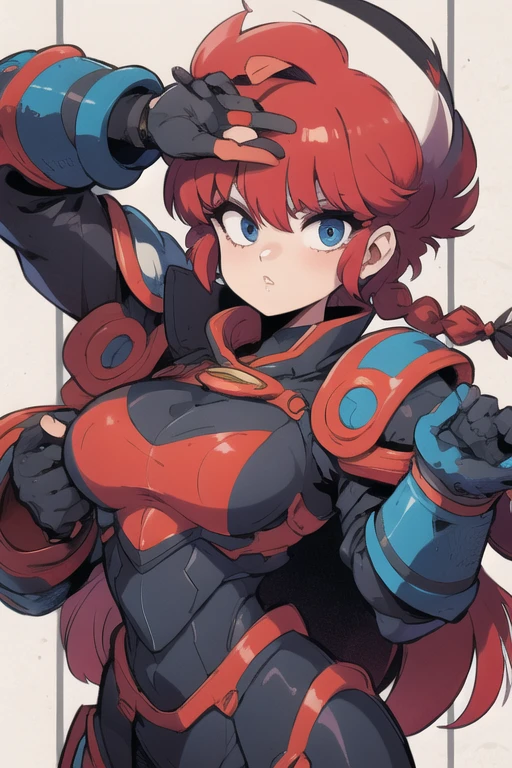 Ranmachan, cabello rojo, Cabello con trenza, ojos azules, ojos detallados, cuerpo completo, Technological armorMix, Technological Armor, ombligo, ombligo descubierto, abdomen plano