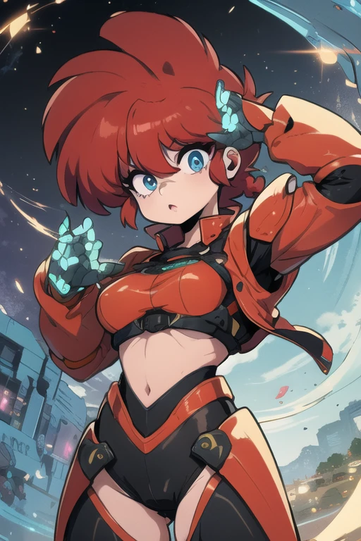 Ranmachan, cabello rojo, Cabello con trenza, ojos azules, ojos detallados, cuerpo completo, Technological armorMix, Technological Armor, ombligo, ombligo descubierto, abdomen plano