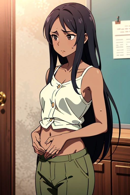 (masterpiece, top quality, best quality), brown skin anime girl wearing a button up cami top and trousers, famished in hunger, (gently resting hands on stomach), (sweating), (long hair), (hands on her stomach)