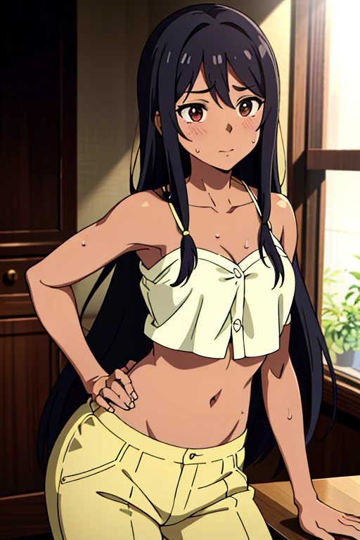 (masterpiece, top quality, best quality), brown skin anime girl wearing a button up cami top and trousers, famished in hunger, (gently resting hands on stomach), (sweating), (long hair), (hands on her stomach)