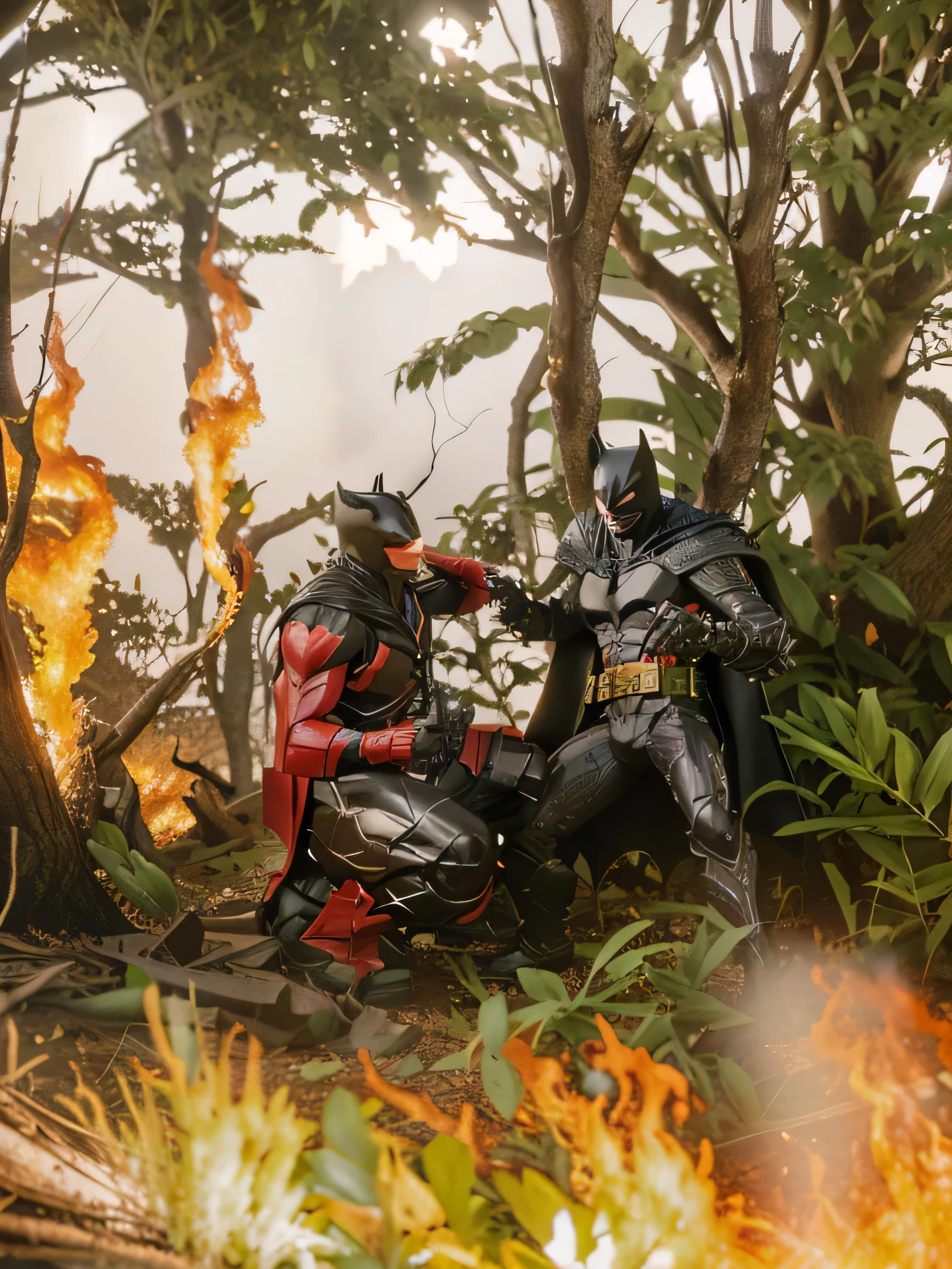 Spawn versus Batman in a forest on fire, tree on fire, bush on fire, rocks.