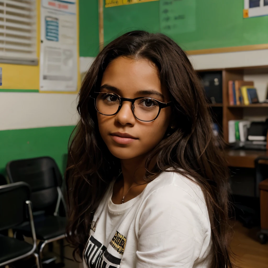 Foto de um menino de 11 anos negro, do cabelo liso de 1,47 m o cabelo castanho, do olho castanho escuro, uma farda branca e vinho, and dark jeans with black and white shoes, do lado de uma professora de 18 anos de 1,57 m brunette with dark brown curly hair wearing round baby pink glasses inside a green classroom